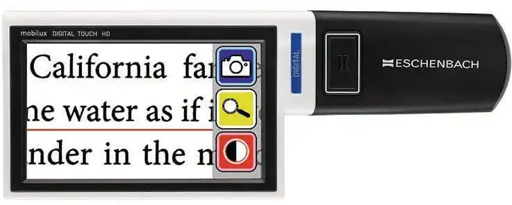 Digital magnifier displaying enlarged text and icons.