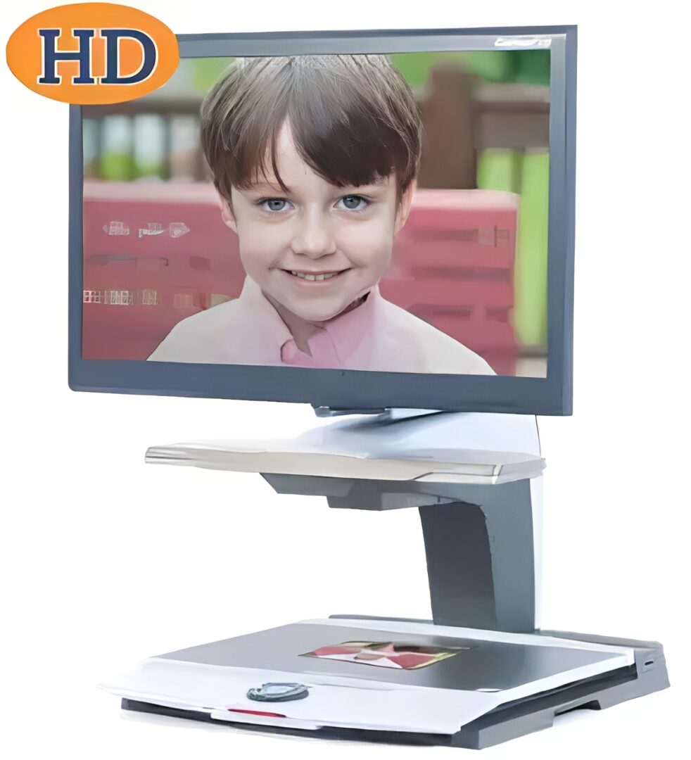 HD monitor displaying a smiling child.