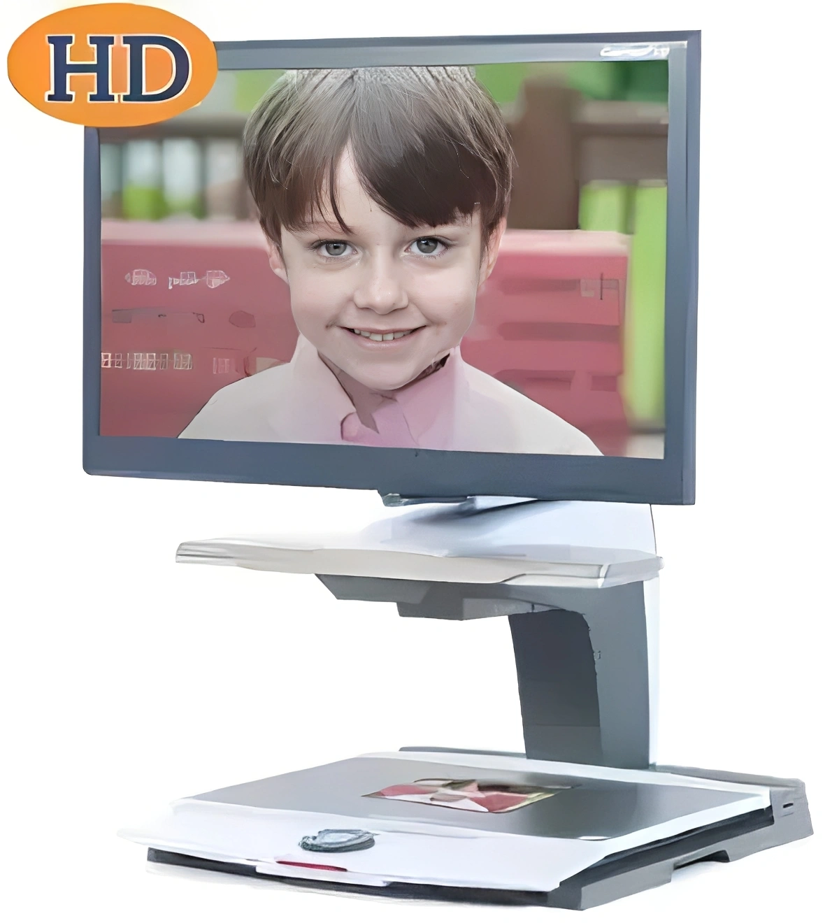 HD monitor displaying a smiling child's photo.