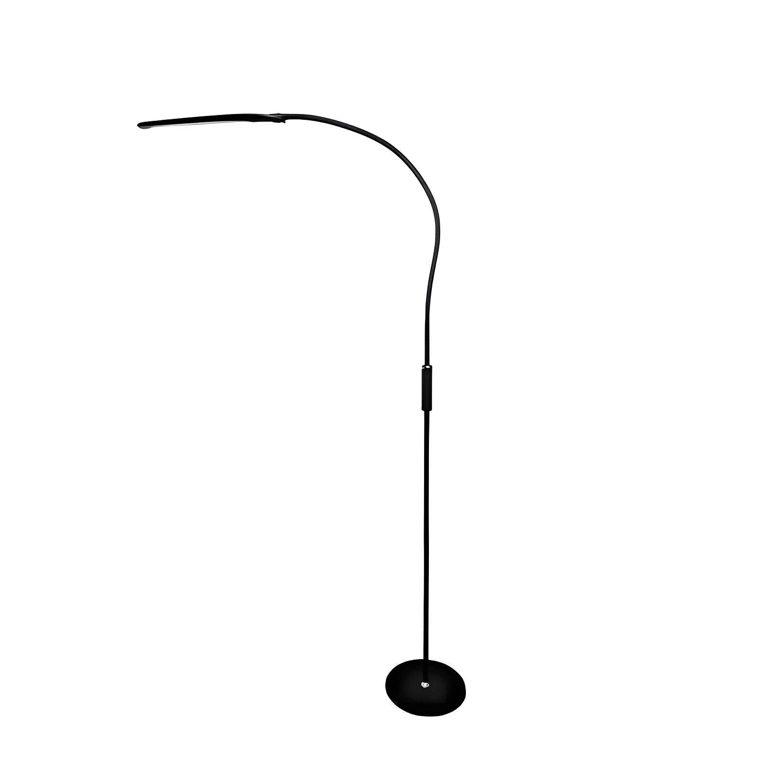 Black modern floor lamp with curved neck.