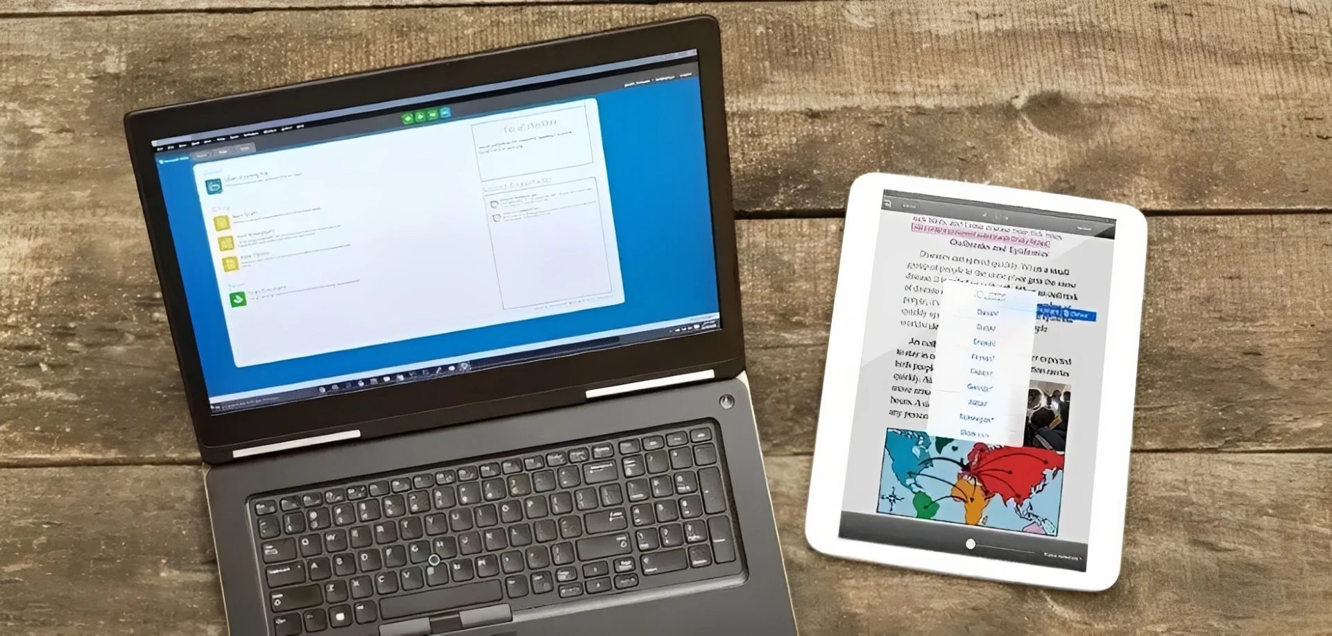 Laptop and tablet on wooden surface.