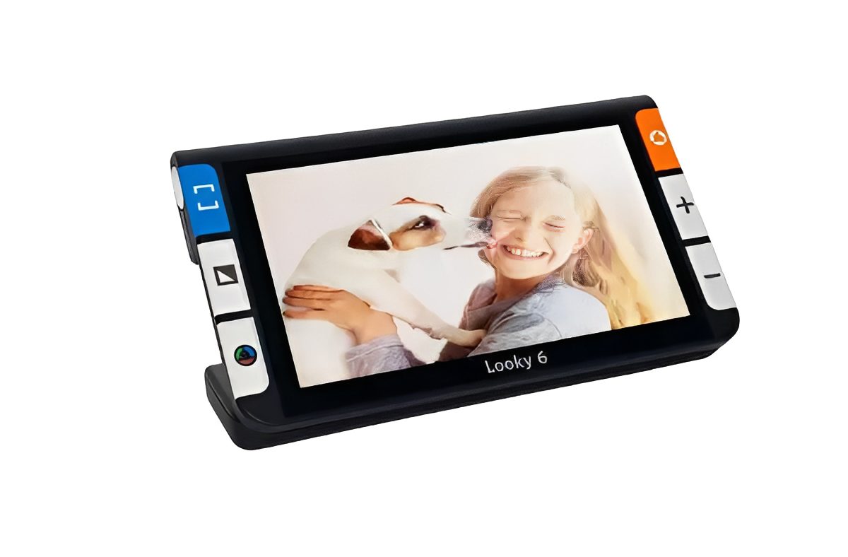Electronic device displaying a woman with dog.