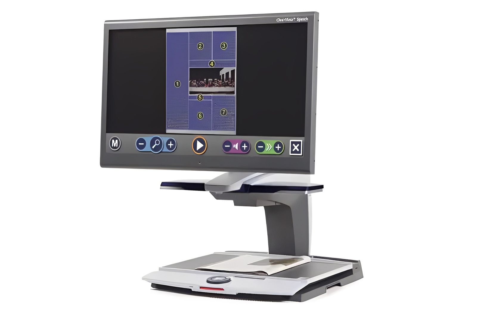 Desktop video magnifier with large screen display.