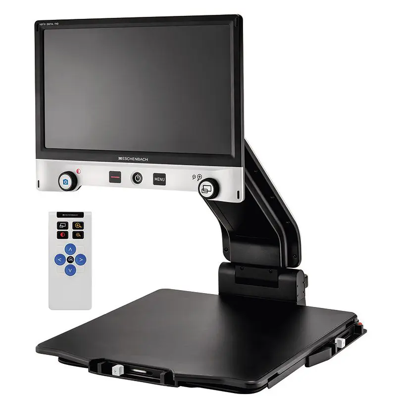 Electronic magnifier with screen and remote control.