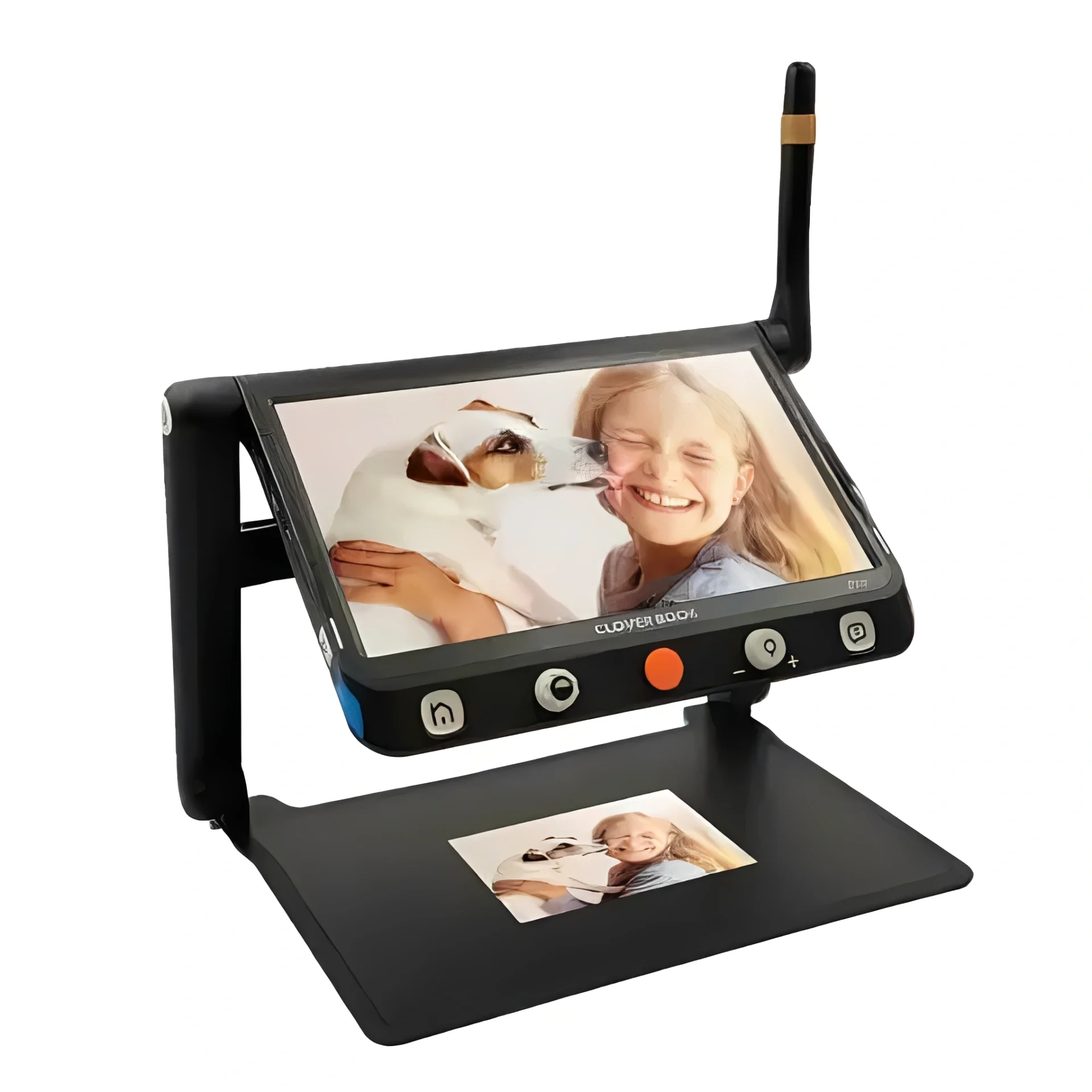 Tablet displaying girl with dog picture.