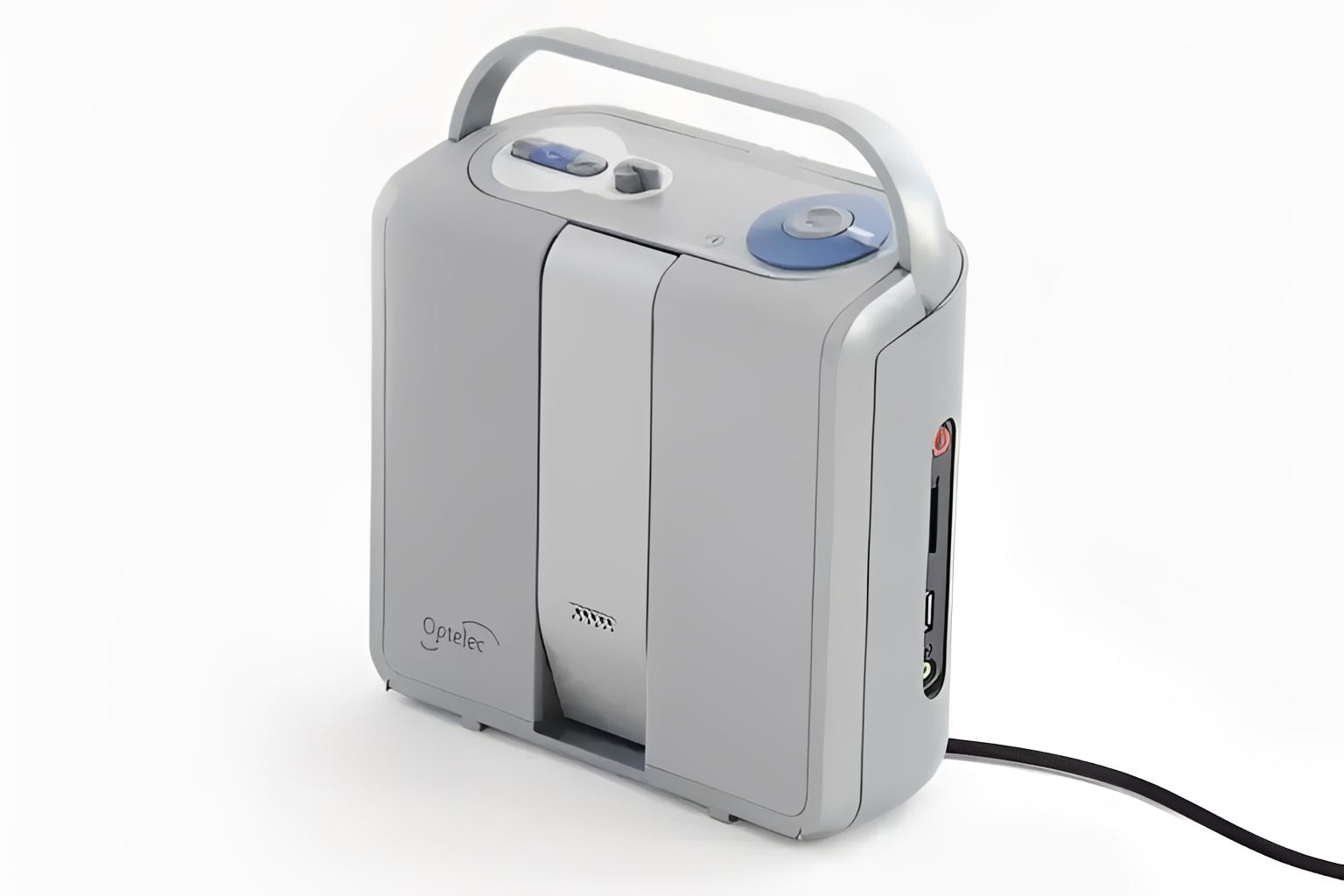 Portable oxygen concentrator with handle and controls.