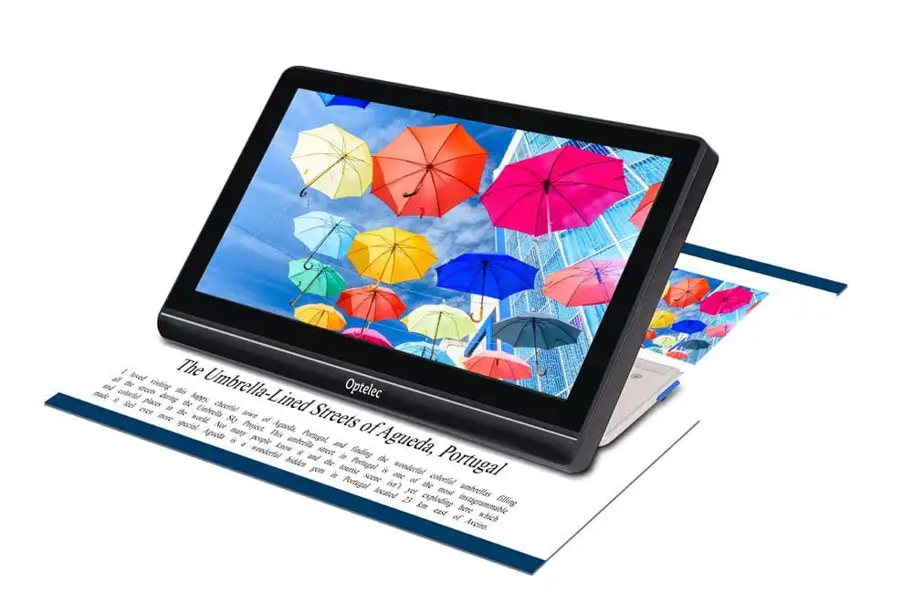 Tablet displaying colorful umbrellas over text.