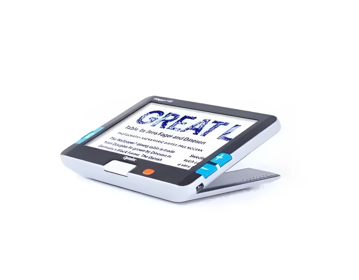 Portable electronic magnifier displaying enlarged text.