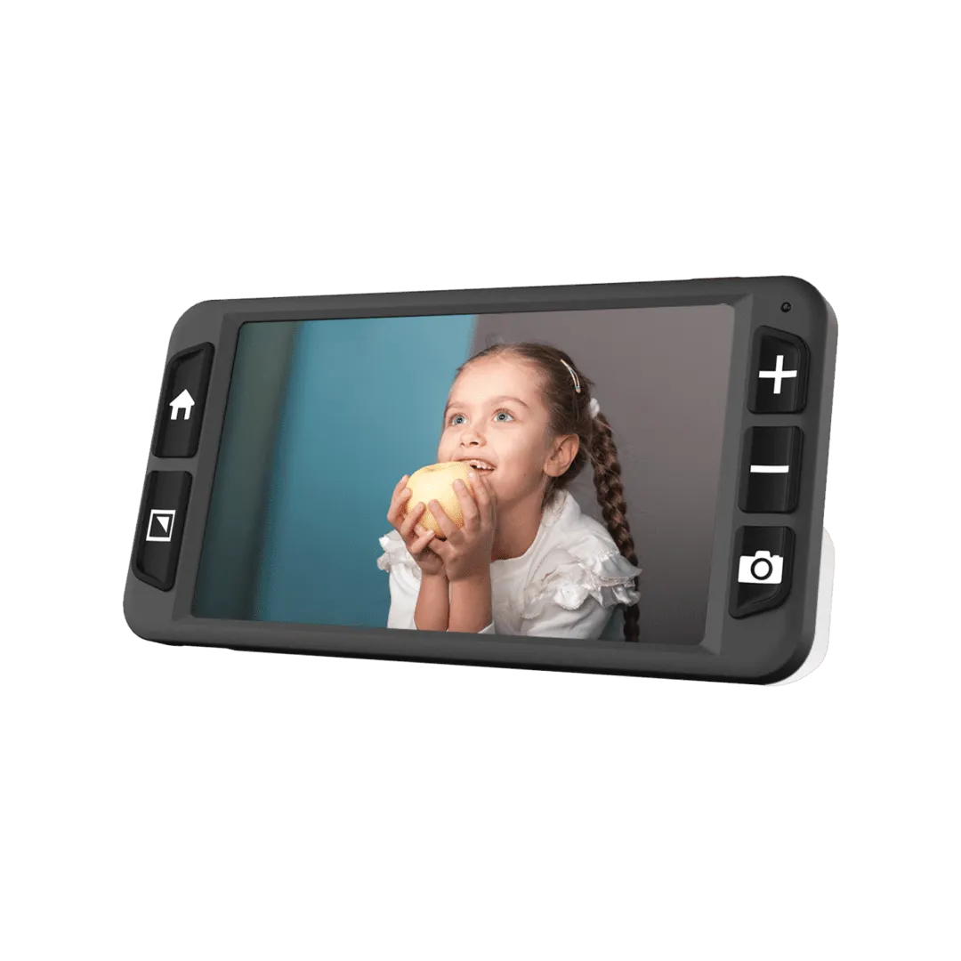 Girl on screen holding an apple.