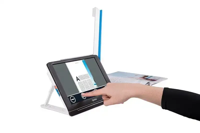 Device scanning document with touchscreen interface.