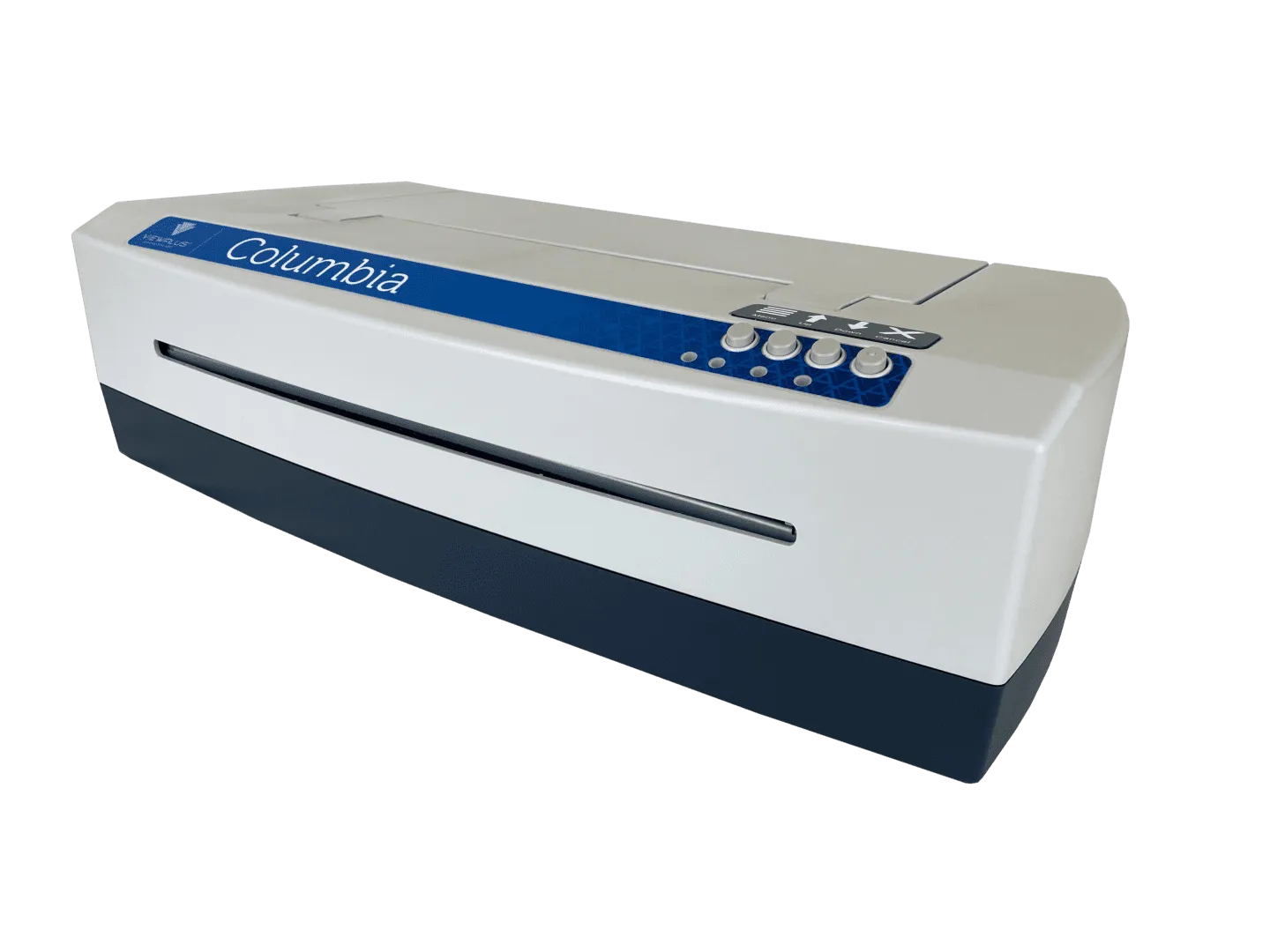 White paper shredder with blue control panel.