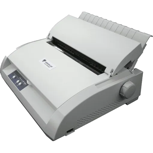 White dot matrix printer on black background.