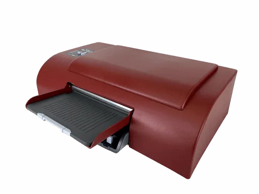 Red printer with open paper tray.