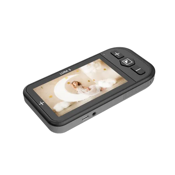 Portable video baby monitor with screen display.