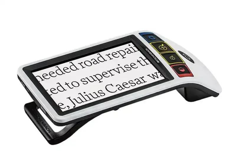 Electronic magnifier displaying enlarged text on screen.