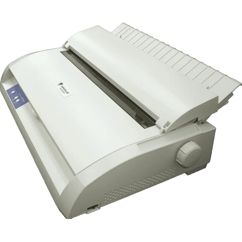 White dot matrix printer, angled view.