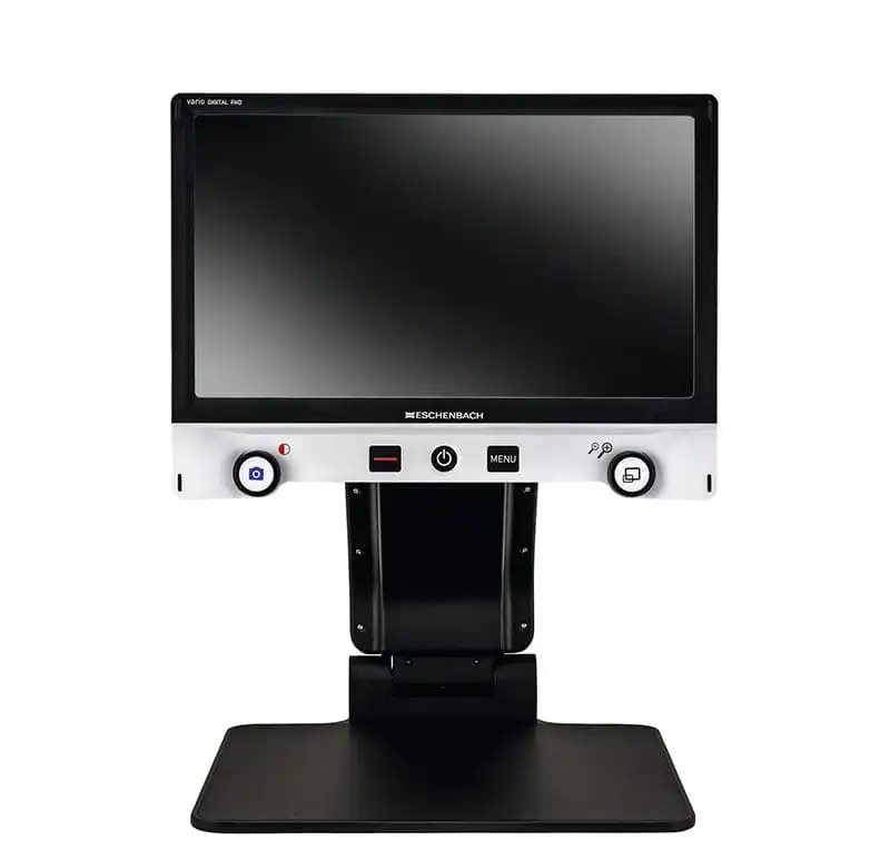 Electronic magnifier with screen and control buttons.